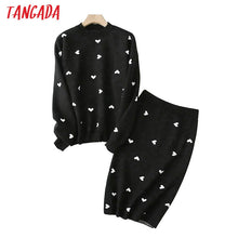 Load image into Gallery viewer, Tangada korea chic heart pattern knitted suit women skirt set autumn winter   knitted suit 2 piece set sweet top and skirt YU14