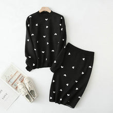 Load image into Gallery viewer, Tangada korea chic heart pattern knitted suit women skirt set autumn winter   knitted suit 2 piece set sweet top and skirt YU14